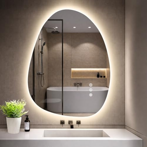 GIMBELEN Asymmetrischer Badspiegel mit Beleuchtung 65×50 cm, Antibeschlag, 3 Lichtfarben, Dimmbar, IP44 Wasserdicht, Led Spiegel Bad mit Touch-Schalter, Memory-Funktion Horizontal/Vertikal Montage