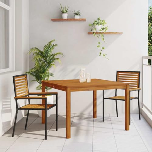 Owoxanthellate 3-Teiliges Garten-Essset Schwarz Akazie 180x90 cm Stapelstühle Outdoor Sitzgruppe Modernes wetterfestes Design für Balkon Terrasse und Lounge im Freien