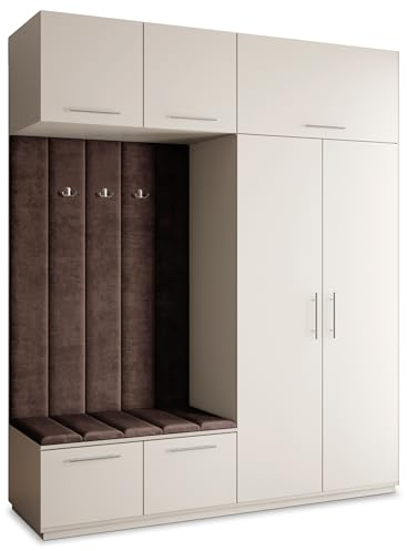 Masseno Flugarderoben Set Rema, Kleiderschrank-Set mit Sitzbank, Garderobenschrank Flur mit 5 Regalböden, Kaschmir