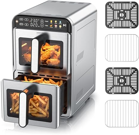 Arendo – Heißluftfritteuse XXL Edelstahlgehäuse - 2 Kammern Doppelstock – 11 Liter Airfryer 2 Zonen – mit Sichtfenster – individuelle Temperatureinstellung – Infrarot Heizelement