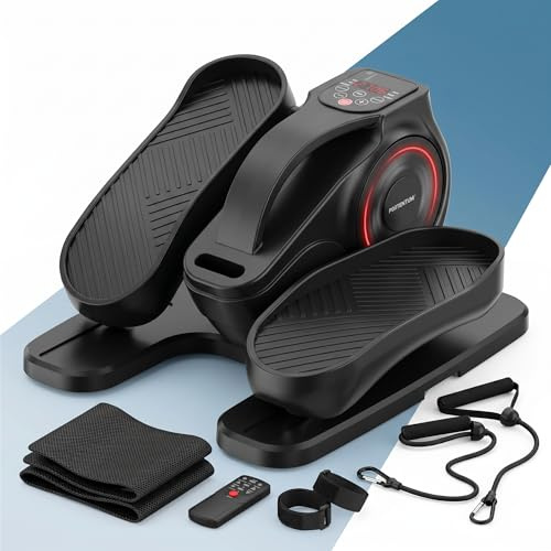 PORTENTUM Mini Ellipsentrainer für Zuhause elektrisch – Automatisch und manuell mit 5 oder 12 Geschwindigkeiten, mit oder ohne Widerstandsbänder – Pedaltrainer für Senioren mit Fernbedienung