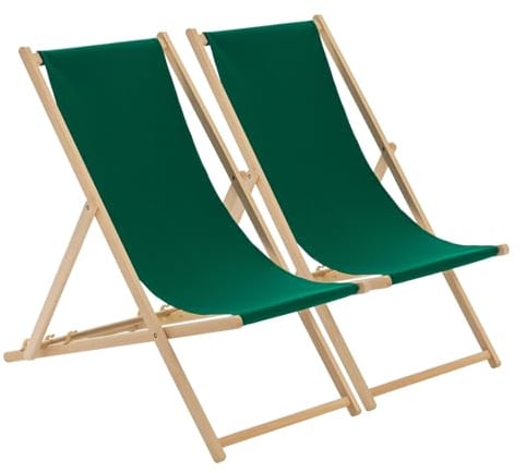 Harbour Housewares Folding Wooden Deck Chairs – Green – Pack of 2 – Adults Traditional Foldable Reclining Outdoor Canvas Sun Lounger Chair Seat for Garden Patio, Beach, Camping