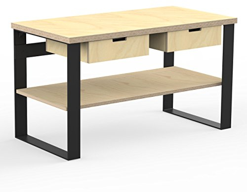 AUPROTEC Profi Design Werkbank 1400 x 750 x 850 mm Arbeitsplatte Multiplex 40mm mit 2 Schubladen und Ablage Holz Werkbankplatte Multiplexplatte Industriequalität Massiv Arbeitstisch