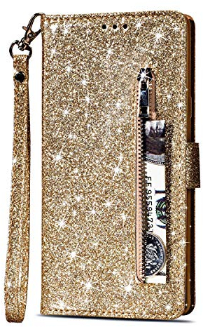 Yobby Glitzer Brieftasche Hülle für Samsung Galaxy S8, Samsung Galaxy S8 Gold Handyhülle Bling Slim Reißverschluss Leder Schutzhülle Flipcase [Stand-Funktion] mit Kartenfach und Handschlaufe