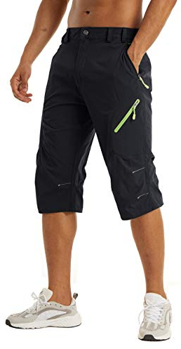 KEFITEVD Herren 3/4 Outdoor Hose Stretch Leicht Radhose Kurz mit Reißverschluss-Taschen Dreiviertel Hose Wandershorts Männer Cargo Bermuda Shorts Schwarz 36