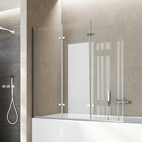 Heilmetz Duschwand für Badewanne 130x140 cm Badewannen Duschwand 3 teilig Faltbar Duschabtrennung Badewannenaufsatz 180° Faltwand Duschtrennwand für Badewannen 6mm Nano ESG Sicherheitsglas | Chrom