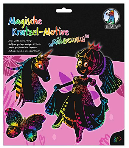 Ursus 24540001F - Magische Kratzel-Motive Mädchen, schwarz, mit Regenbogen Effekt, 6 Bogen 250 g/qm, inklusive 1 Bambusstift, Stickeraugen und Kratzanleitung, ideal als Geschenk, bunt