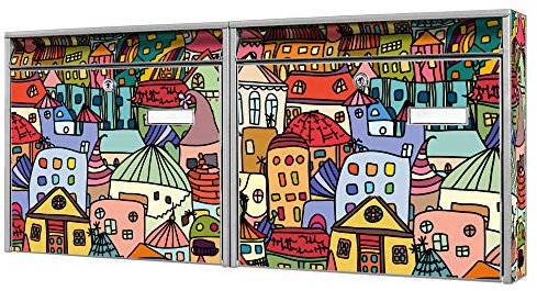 banjado Briefkastenanlage 2 Fach - 2 Briefkästen 72x32x10cm groß - Doppelbriefkasten Set - Namensschild, 2 Schlüssel, Montagematerial - Stahl verzinkt Silber - Motiv Funky Town