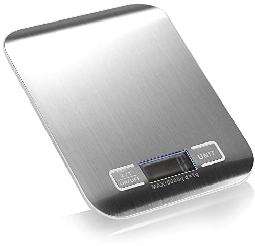 com-four® Küchenwaage - Digitale Küchenwaage - Haushaltswaage im Edelstahl Design - Digitalwaage für Küche und Haushalt - bis 5 kg (1 Stück - silberfarben)