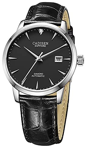 CADISEN Automatik Uhr Herren Saphirglas Wasserdicht MIYOTA 9015 Armbanduhr (Schwarzer Ledergürtel)