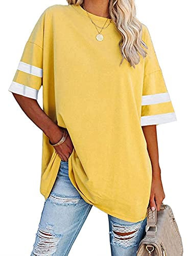 Famulily Color Block Tunic Tops Women's Loose Casual Round Neck Half Sleeve Baseball T Shirt Yellow L