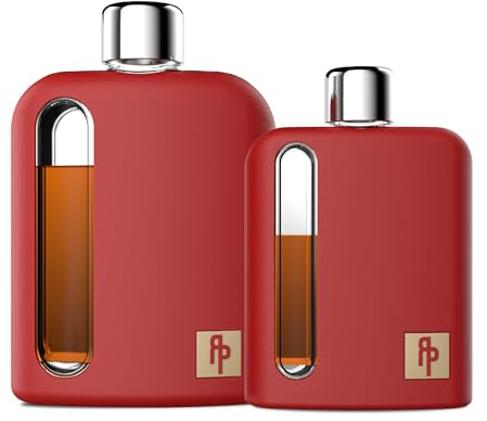 Ragproper Moderner Glas-Flachmann für Herren, Kork- und Silikon-Deckeleinlagen, fester Griff, gebogene Kanten, langlebige silikonbeschichtete Flasche für Whiskey, Likör, Sprits, 100 ml einzeln + 240
