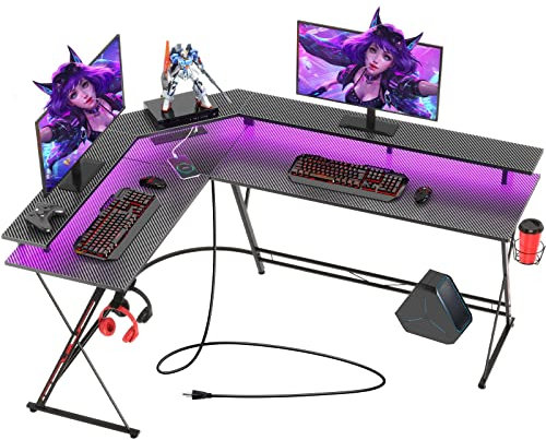 SEVEN WARRIOR Bureau Gaming Angle 147x127 cm, Bureau Gamer d'angle avec LED & Support Écran, Table d'Ordinateur avec Station de Charge (2AC/2USB), Idéal pour Ados, Noir