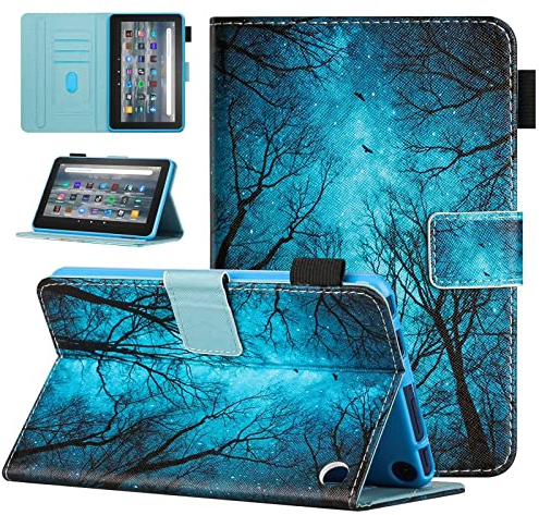 MOKASE Case Compatible with Amazon All-New Kindle Fire 7 Tablet 12th Generation 2022 Release Latest Model 7, PU Leather Folio Stand Cover, Auto Wake/Sleep with Pen Holder for Fire 7, Night Forest