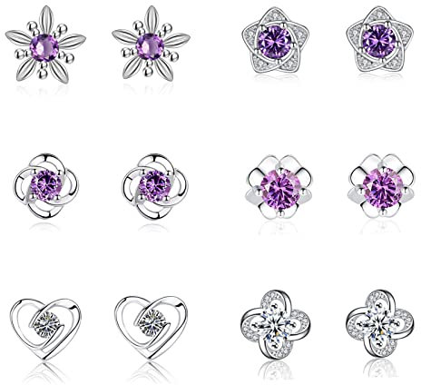 GUROTD 6 Pairs Sterling Silver Stud Earrings - Tiny Flower Heart Butterfly Designs, Hypoallergenic Cubic Zirconia Diamond Cartilage Earrings Set