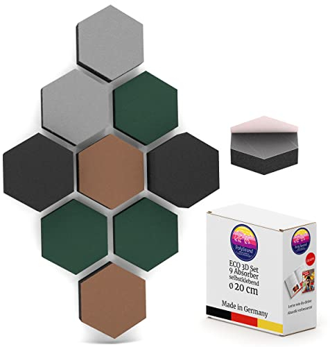 PolySound ECO Akustikpaneele selbstklebend - 9er Set 3D-Schaumstoff (3-10 cm), Hohe Schalldämmung (αw 0,9), Rückstandslos Ablösbar, Smoky Safari