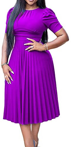 Sommerkleid Damen,Flare Midi-Kleider Für Damen Elegant Schlicht Lila Kurzärmlig Figurbetontes Strandkleid Sexy A-Linie Fließendes Swing-Akkordeon Mit Rüschen Besetzte Sommerkleider Cocktailparty
