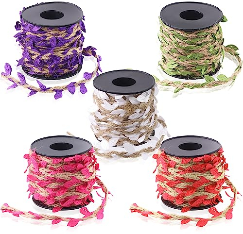 Swpeet 5 Rollen 5 Farben Burlap Leaf Ribbon Set, 5mm 33 Feet Natural Jute Twine mit künstlichen Vine Leaves Ribbon für Hochzeit Haus Garten Dschungel Party Dekorationen