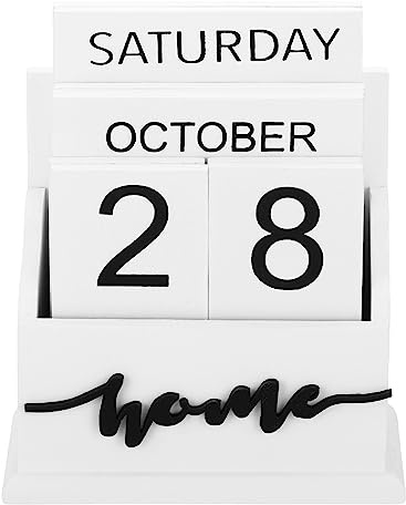 PATIKIL Vintage Wood Block Perpetual Calendar, Wooden Month Week Date Display Blocks for Desk Office Home Decoration Style 3, White