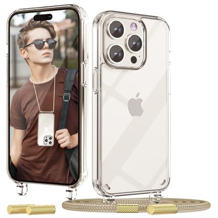 OLEPHY Handykette für iPhone 14 Pro Max Hülle mit Band, Handyhülle mit Verstellbarer Halskette, [Stoßfest] [Kratzfest] Schutzhülle mit Umhängeband, Golden