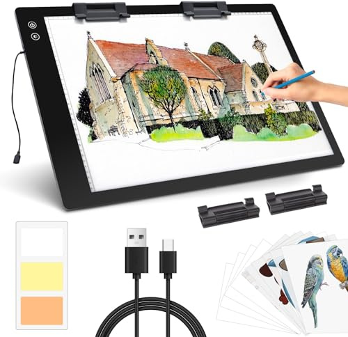 A2 Light Box, Rechargeable Diamond Painting Light Pad, 3 Colors 6 Levels Adjustable Brightness Light Board, Ultra-Thin Battery Powered Tracing Light Box for Drawing Sketching