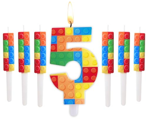 Herdear 7 Stück Baustein Nummer 1-9 Geburtstagskerze mit 6 Bausteine Kuchen Kerzen Zahlen Geburtstagskerzen für Baustein Party Kuchen Deko Geburtstag Dekoration Party Zubehör (Nummer 5)
