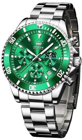 OLEVS Silber Herren Armbanduhr Metallarmband Modern Analog Kleid Männer Uhr Grün Zifferblatt Mode Edelstahl Herrenuhren Wasserdicht Leuchtziffern Elegnt Chronograph Uhr Herren mit Datum Mondphase