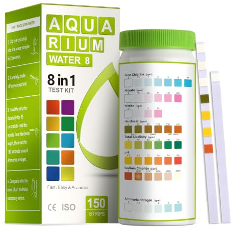 AAwipes 8-in-1 Aquarium Test Kit (150 Strips) for Freshwater & Saltwater - Quick & Accurate Water Testing for Aquariums & Ponds. Tests Free Chlorine, Hardness, pH, Ammonia Nitrogen, etc. (K02-150)