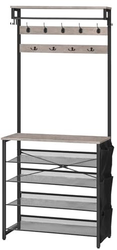 HOOBRO Garderobenständer mit Schuhablage, Schuhregal mit Garderobe, Kleiderständer mit 5 Ebenen Schuhablage, Garderobe mit Schuhschrank, Verstellbares Metallgitterregal, Greige EBG75MT01
