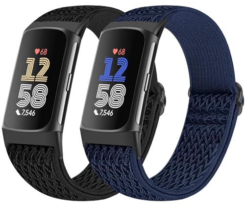 Bcuckood 2 Stück elastische Nylon Armband kompatibel mit Fitbit Charge 6/Fitbit Charge 5, verstellbares, atmungsaktives Ersatz-Stretch-Nylon-Schlaufen armband, Sportarmband für Damen und Herren