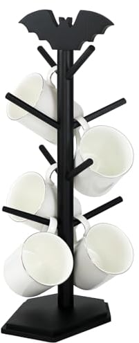 RSSCIIIUL Bat Mug Holder Tree - 8 Hooks Mug Rack - Gothic Home Decor Wood Coffee Mug Tree for Countertop - Halloween Kitchen Organizer & Coffee Bar Accessories