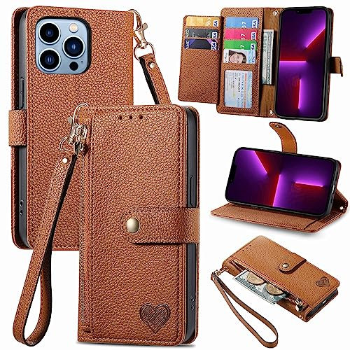 VEEMOS Zipper Wallet Case for Apple iPhone 13 Pro Phone Case with Purse Card Holders RFID Blocking Leather Flip Case Book Cover Wrist Strap Women - Brown