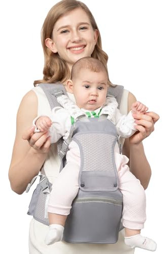 fisca Babytrage Neugeborenes bis Kleinkind, Ergonomische Babytrage mit Hüftsitz für 0-48 Monate Baby, 15-in-1 Möglichkeiten zum Tragen Baby Hüfttrage mit Rückenpolster Abnehmbar (Grau)