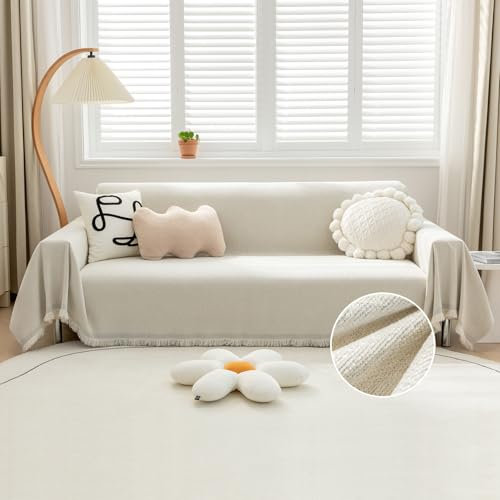 TAOTAOGO Sofa Überwurfdecke 3 Sitzer Chenille Sofa Überzug, Waschbar Sofabezug L Form U Ecksofa, Couch Überzug mit Quasten Couch Überwurf Sofaüberwurf Decke Ganzjährig C Beige 180x340cm