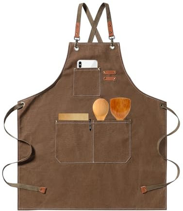HIUOUIH Delantal Cocina Hombre Barbacoa Delantal de Trabajo Mujer con 3 Correa Ajustable y Bolsillos Delantales de Lona para Cocinar Hornear Jardinería Camarero, Marrón