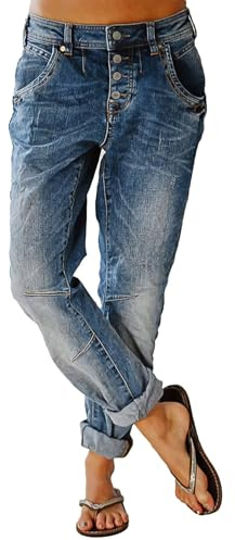 Flamingals Women's Stretchy Straight Leg Casual Low Rise Jeans Wash Button Fly Stitch Detail 90s Trendy Denim Jeans Mid Blue L