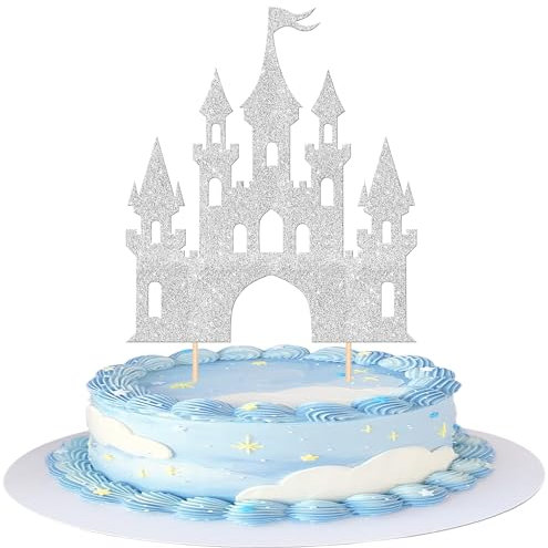Xsstarmi 1 Pack Castle Theme Cake Topper Glitter Queen Princess Castle Cake Pick Queen Princess Birthday Cake Decorations for Baby Shower Wedding Birthday Party Supplies Silver