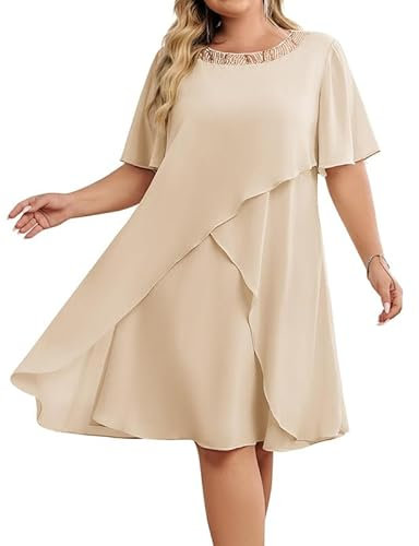 Hanna Nikole Kleider Hochzeitsgast Damen GroßE GrößE Chiffon Abendkleider Mit Pailletten Rundhalsausschnitt Elegant Cocktailkleid Festlich Midikleid FüR Die Brautmutter