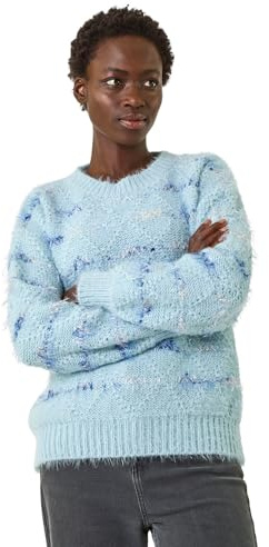 Roman Fluffy Yarn Jumper for Women UK Ladies Thick Sweater Warm Cosy Chunky Knitted Pullover Winter Furry Casual Smart Textured Everyday Cuddly Soft Knitwear - Blue Stripe - Size ONE