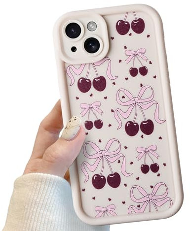 Cherry Bow Phone Case for iPhone 14, Cute Red Cherry Bow Pattern Shockproof Bumper Phone Case for Women Girls, Soft TPU Slim Girly Cute Protective Cover for iPhone 14