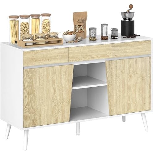 HOMCOM Aparador de 2 Puertas Aparador de Salón con 3 Cajones Estantes Mueble para TV para Dormitorio Sala de Estar 120x39x77 cm Blanco y Natural