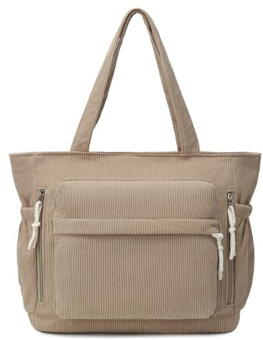 Waniki Handtasche Damen Groß Shopper Tote Bag Cord Tasche Umhängetasche Damen Schultertaschen Beuteltasche Stofftasche für Arbeit Büro Reisen Einkaufen Schule und Alltag (Khaki)