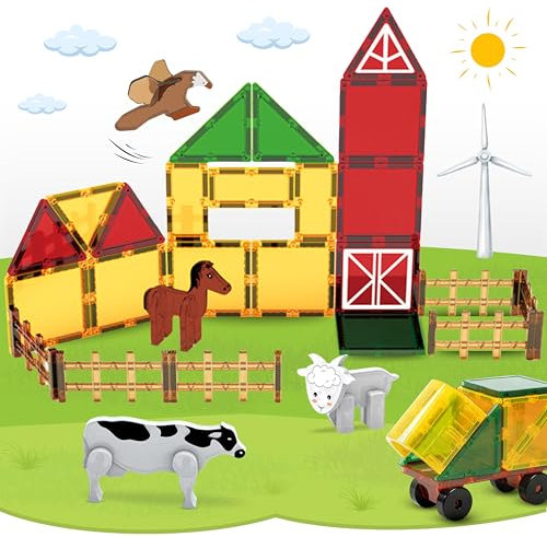 Magnetische Bausteine Bauernhof Set (76 Teile) - Magnetbausteine für Kinder ab 3 Jahre - Magnetsteine Kinderspielzeug Jungen, Mädchen - pädagogische STEM Magnet-Spielzeug - Magnetic Building Blocks