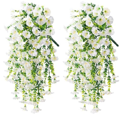 Kunstblume Hängend Petunien Seidenblumen Kunstpflanze Künstliche Pflanzen Hängend Kunstpflanzen Wetterfest Kunstblumen Balkon Hängepflanzen Plastik Hängepflanze Künstlich Blumen Balkonpflanzen--Weiß