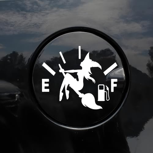 Witches Fuel Cap Sticker for Cars - Magic Witch on Broom with E/F Petrol Symbol - Weatherproof Vinyl Sticker - Cool Halloween Design (10 x 12 cm, Set of 2)