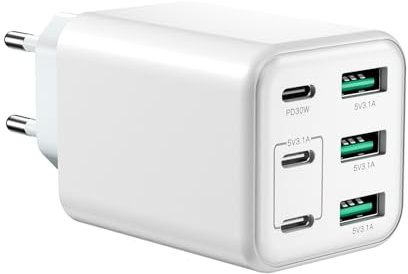 Cargador USB Múltiple 60W, Multi USB Estación de Carga de 6 Puertos, Rápida PD3.0 Adaptador de Enchufe de Pared Compatible con iPhone 11/12/13/14/15/16/iPad/Galaxy S21/S22/S23/Tablet