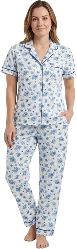 iceBoo Women's 100% Cotton Pyjama Set Short Sleeve Button Through Top with Pocket and Full Length Bottoms with Side Pockets Blue Floral Print, WP93 - Size UK adult 14/16