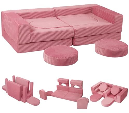 MeMoreCool Modulsofa 8-teilig Cord – Weiche Schaumstoff-Sitzlandschaft für Kinderzimmer & Wohnzimmer Flexibel anpassbar | Waschbare Bezüge | Kindersicheres Lounge-Sofa für Spielen & Entspannen, Rosa
