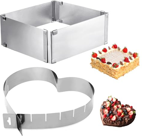 KEORHEZ 5cm Backrahmen rechteckig verstellbar und 5cm Herzform Backform Variabel Verstellbar, Edelstahl Backform rechteckig, Hitze- und Kältebeständig, Kuchenform eckig und Herzförmig zum Backen