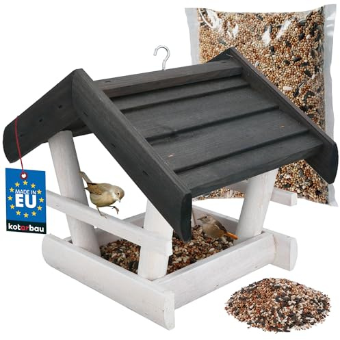 KOTARBAU® Vogelhaus zum Aufhängen - 24 x 30,5 x 25,5 cm - Vogelfutterhaus aus Holz - Natürlich - Vogelhäuschen + Vogelfutter 0,5 kg - Grau - Holzdeko für Garten - mit anthrazitfarbenem Dach